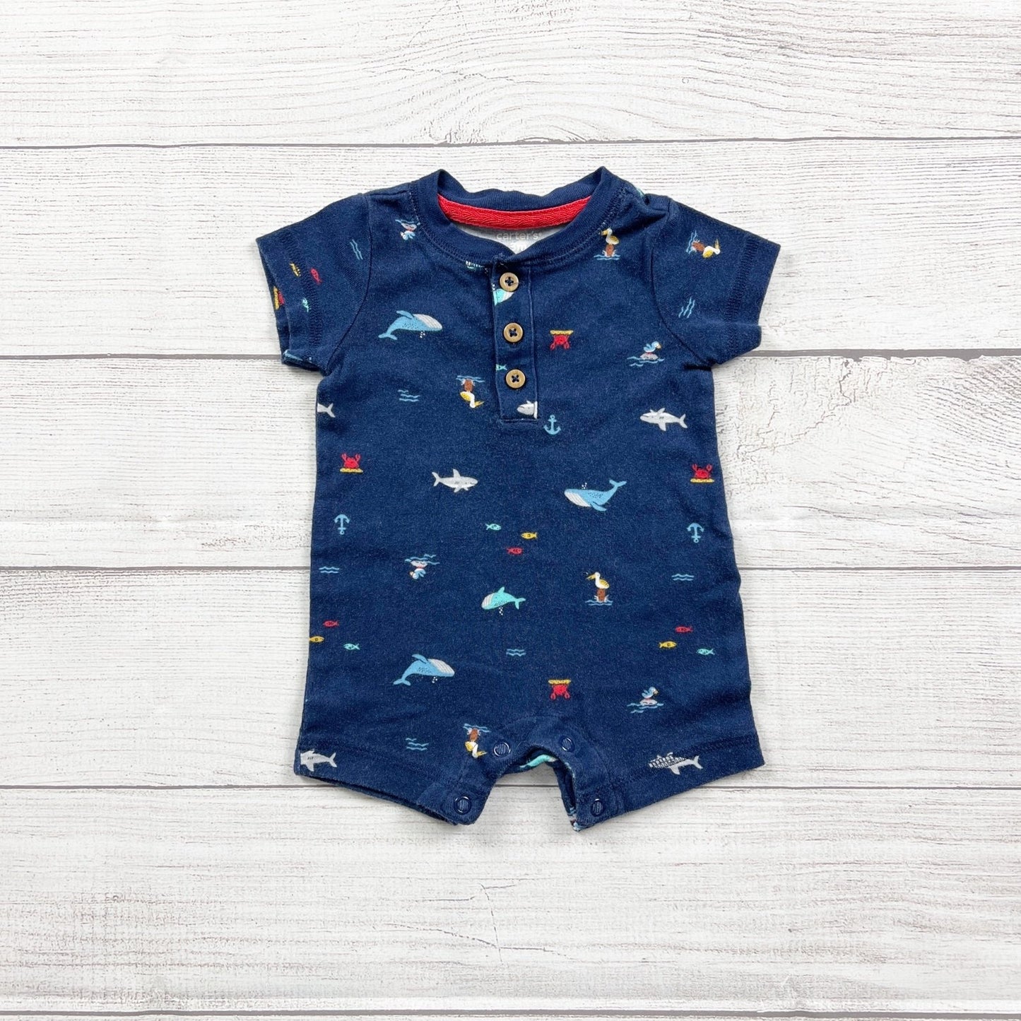 Carter's Baby Nautical Fish Short Sleeve Henley Romper Shark Print 0-3 Months