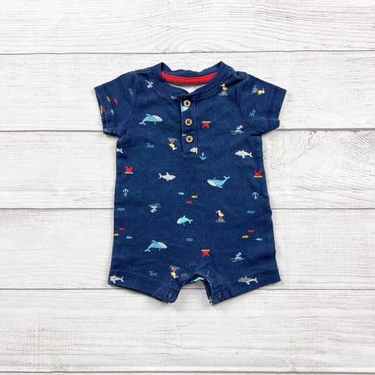 Carter's Baby Nautical Fish Short Sleeve Henley Romper Shark Print 0-3 Months