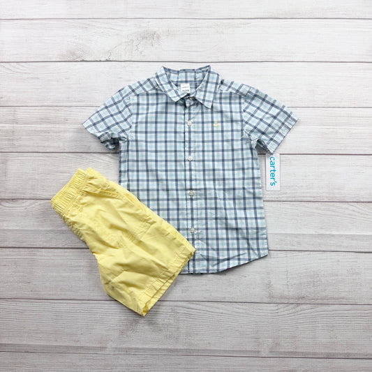Carter’s Toddler Boys 2-Piece Outfit Shirt Shorts Plaid & Yellow NWT 4T