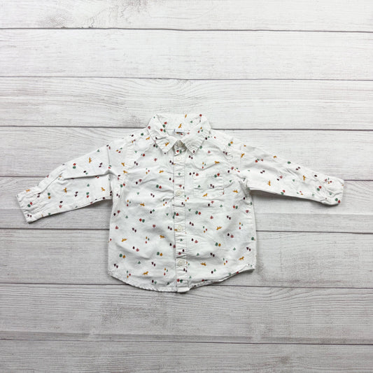 Old Navy Toddler Boys White Button Down Shirt Woodland Print 18-24 Months