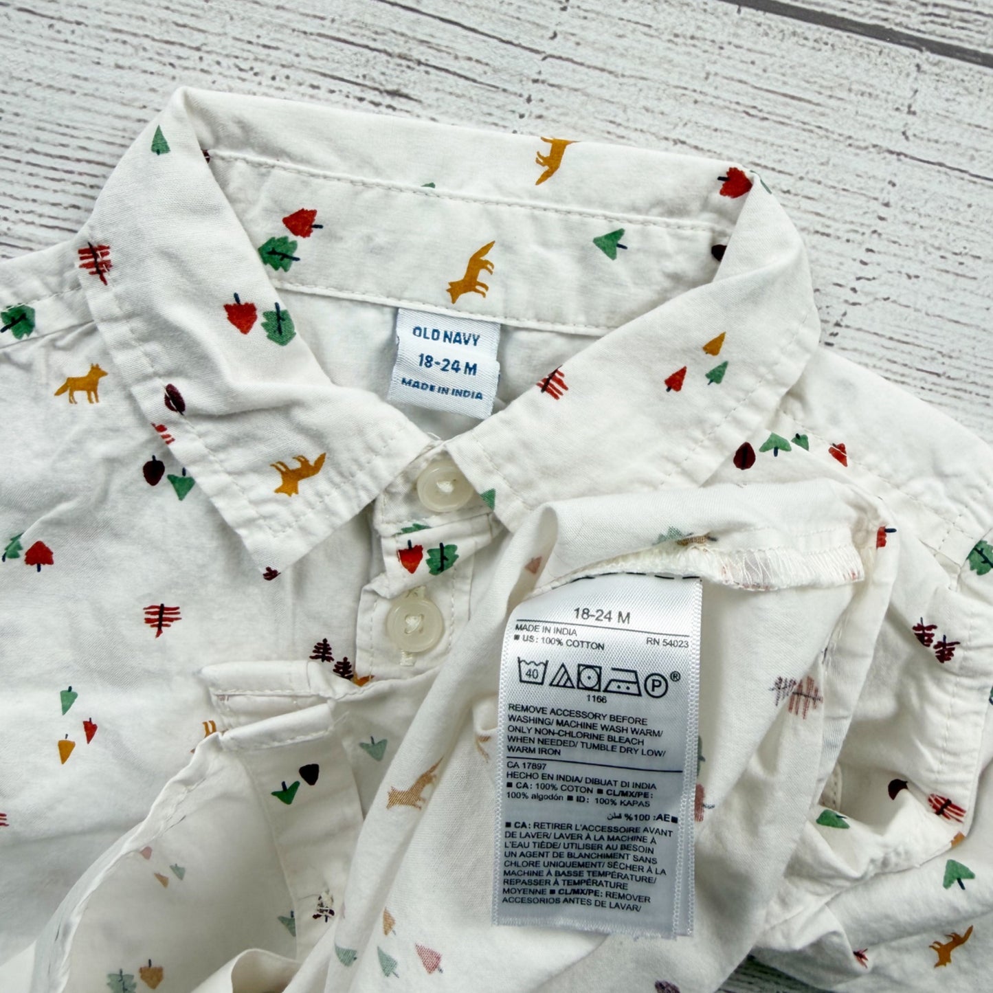 Old Navy Toddler Boys White Button Down Shirt Woodland Print 18-24 Months