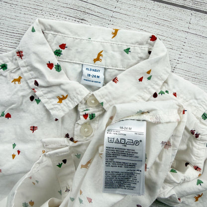 Old Navy Toddler Boys White Button Down Shirt Woodland Print 18-24 Months