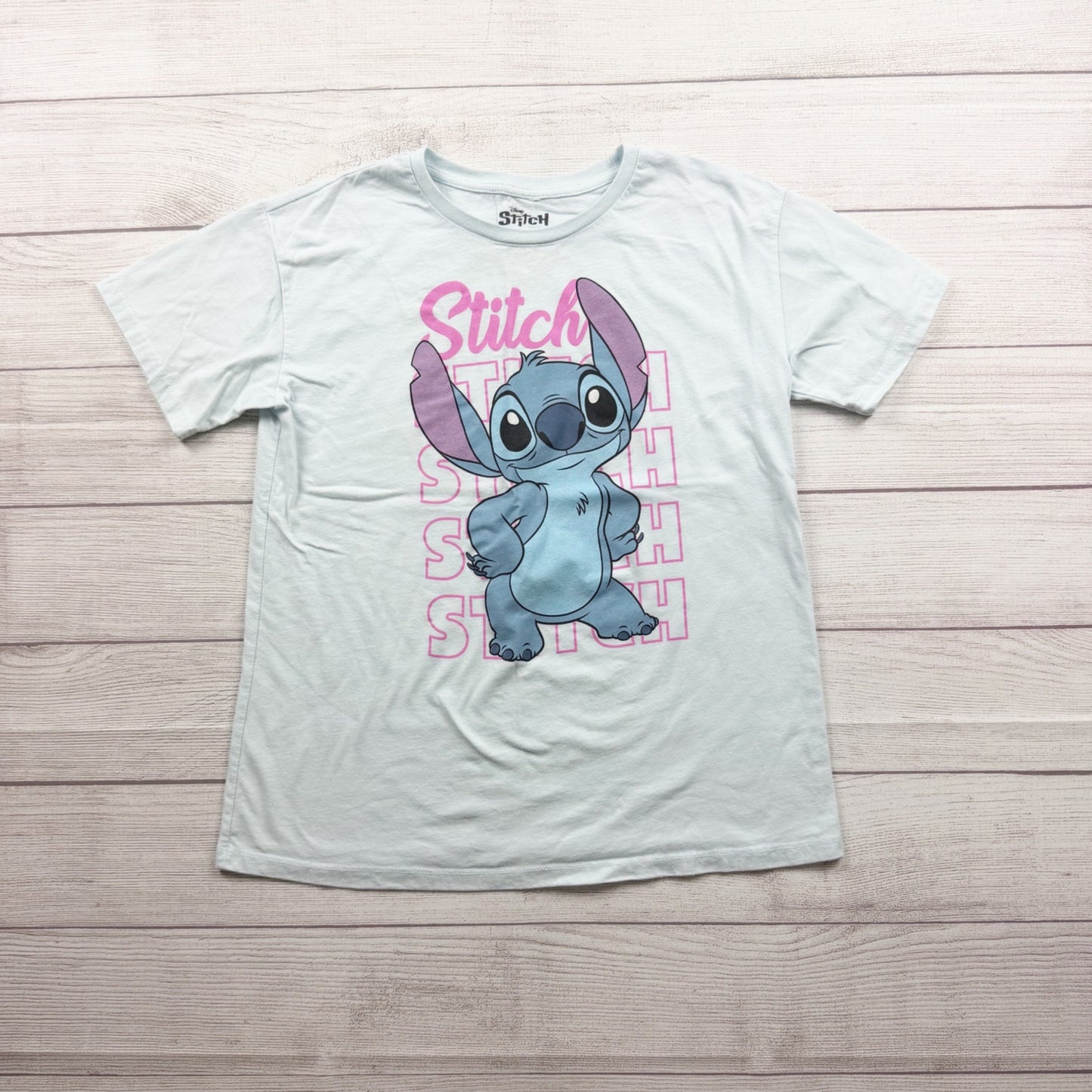 Disney Stitch Girls Graphic Tee Blue Pink Short Sleeve Cotton Blend XL 14-16