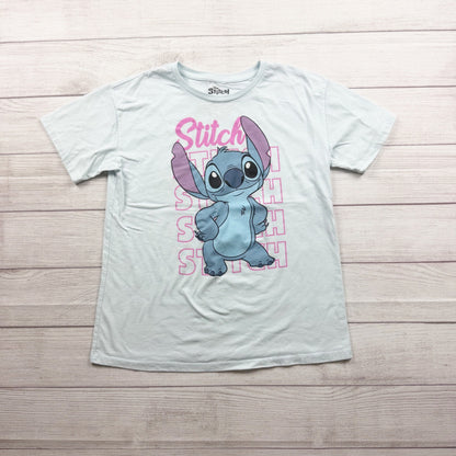 Disney Stitch Girls Graphic Tee Blue Pink Short Sleeve Cotton Blend XL 14-16