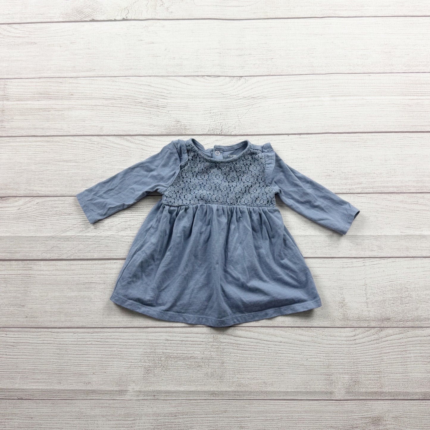 Carter’s Baby Girl Blue Long Sleeve Lace Yoke Dress 0-3 Months