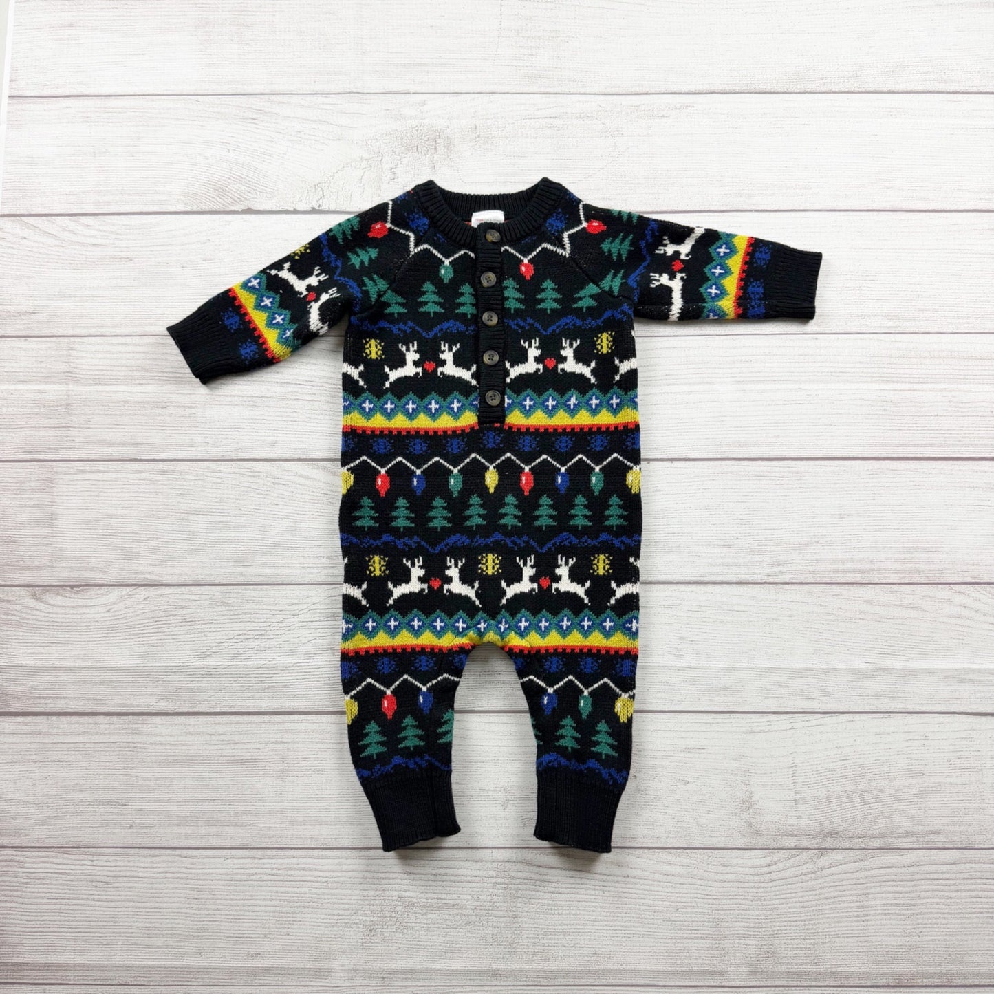 Hanna Andersson Reindeer Fair Isle Holiday Baby Sweater Romper 6-12 Months