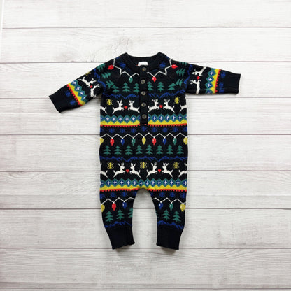 Hanna Andersson Reindeer Fair Isle Holiday Baby Sweater Romper 6-12 Months