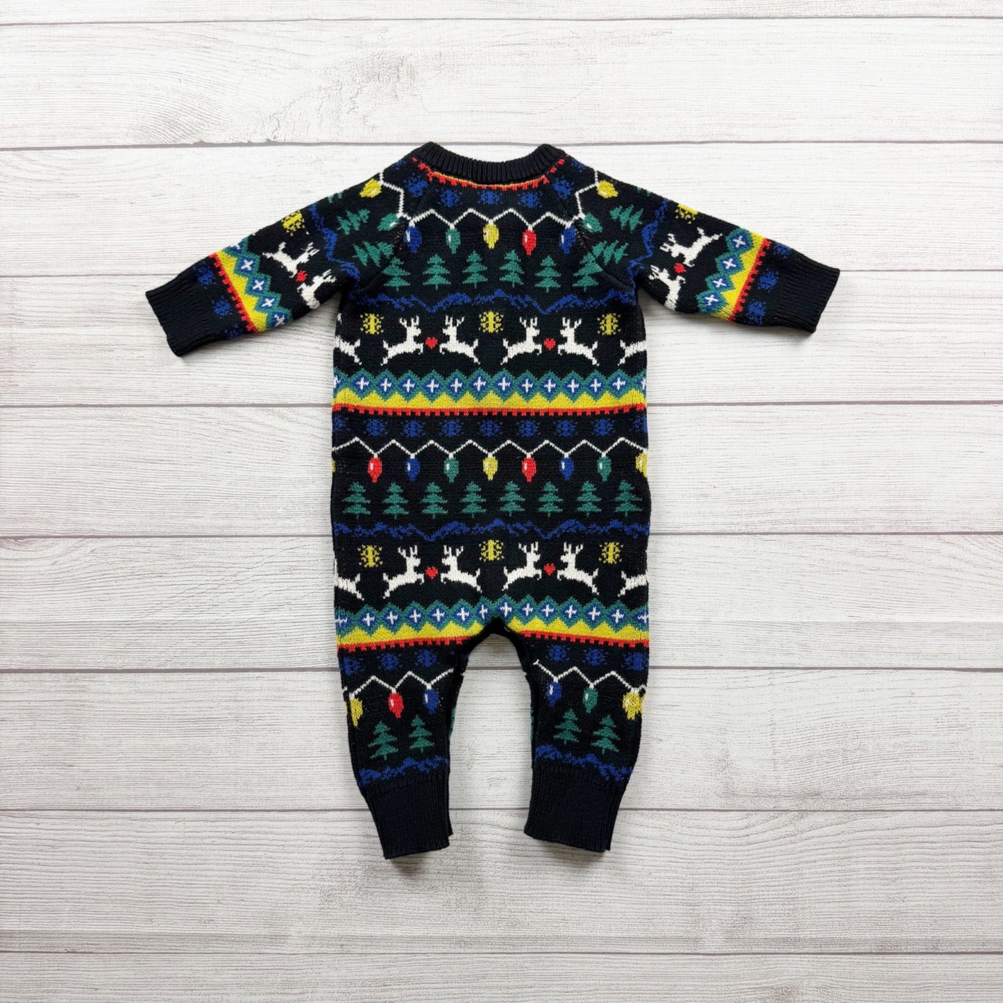 Hanna Andersson Reindeer Fair Isle Holiday Baby Sweater Romper 6-12 Months