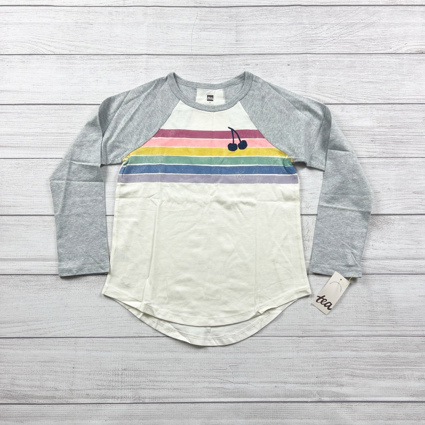 Tea Collection Girls Long Sleeve Raglan Shirt Rainbow Stripe Cherry NWT 8