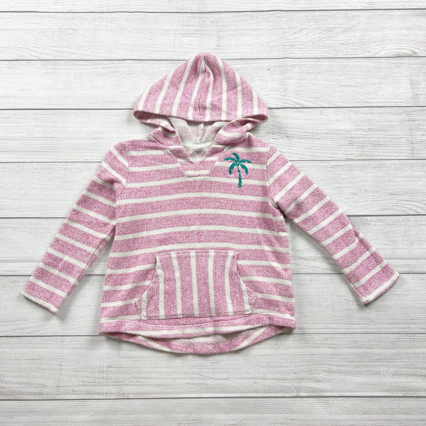 Old Navy Striped Pink White Hooded Palm Tree Pullover Sweater S 6-7