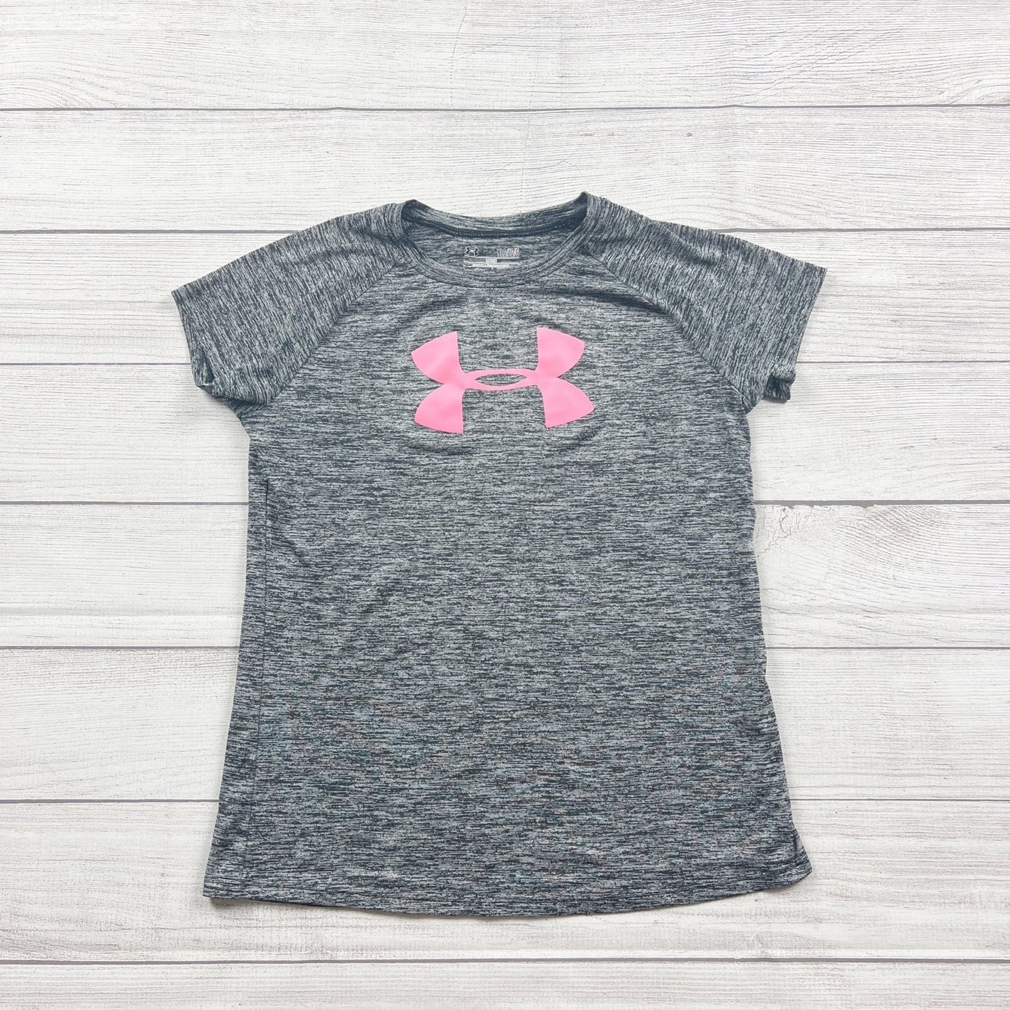 Under Armour Girls HeatGear Athletic Tee Shirt Gray Pink Loose Fit L