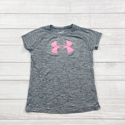 Under Armour Girls HeatGear Athletic Tee Shirt Gray Pink Loose Fit L