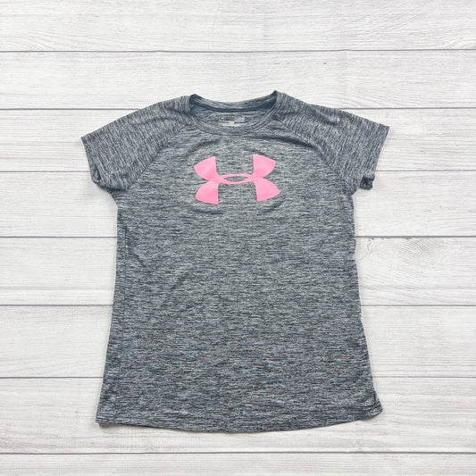Under Armour Girls HeatGear Athletic Tee Shirt Gray Pink Loose Fit L
