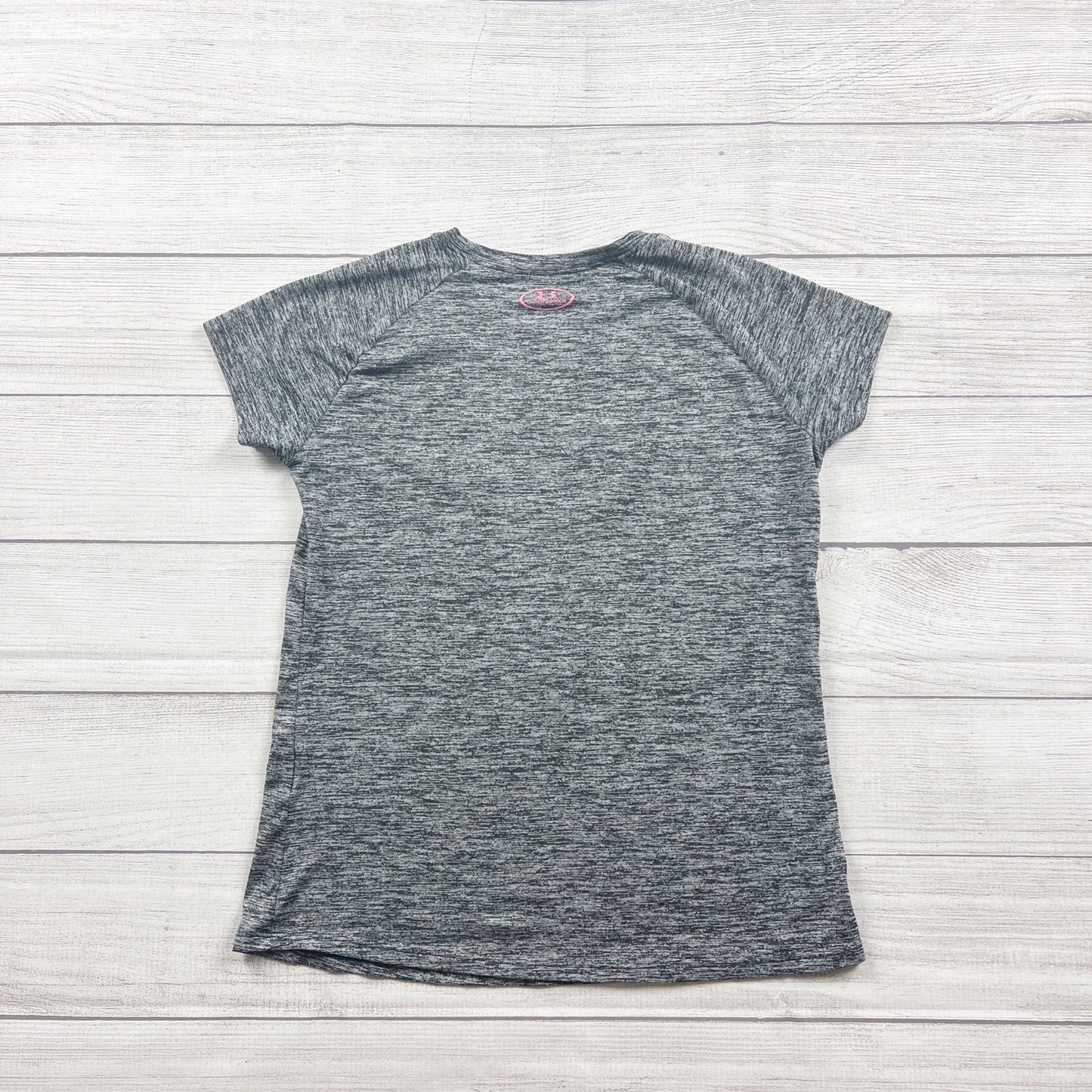 Under Armour Girls HeatGear Athletic Tee Shirt Gray Pink Loose Fit L
