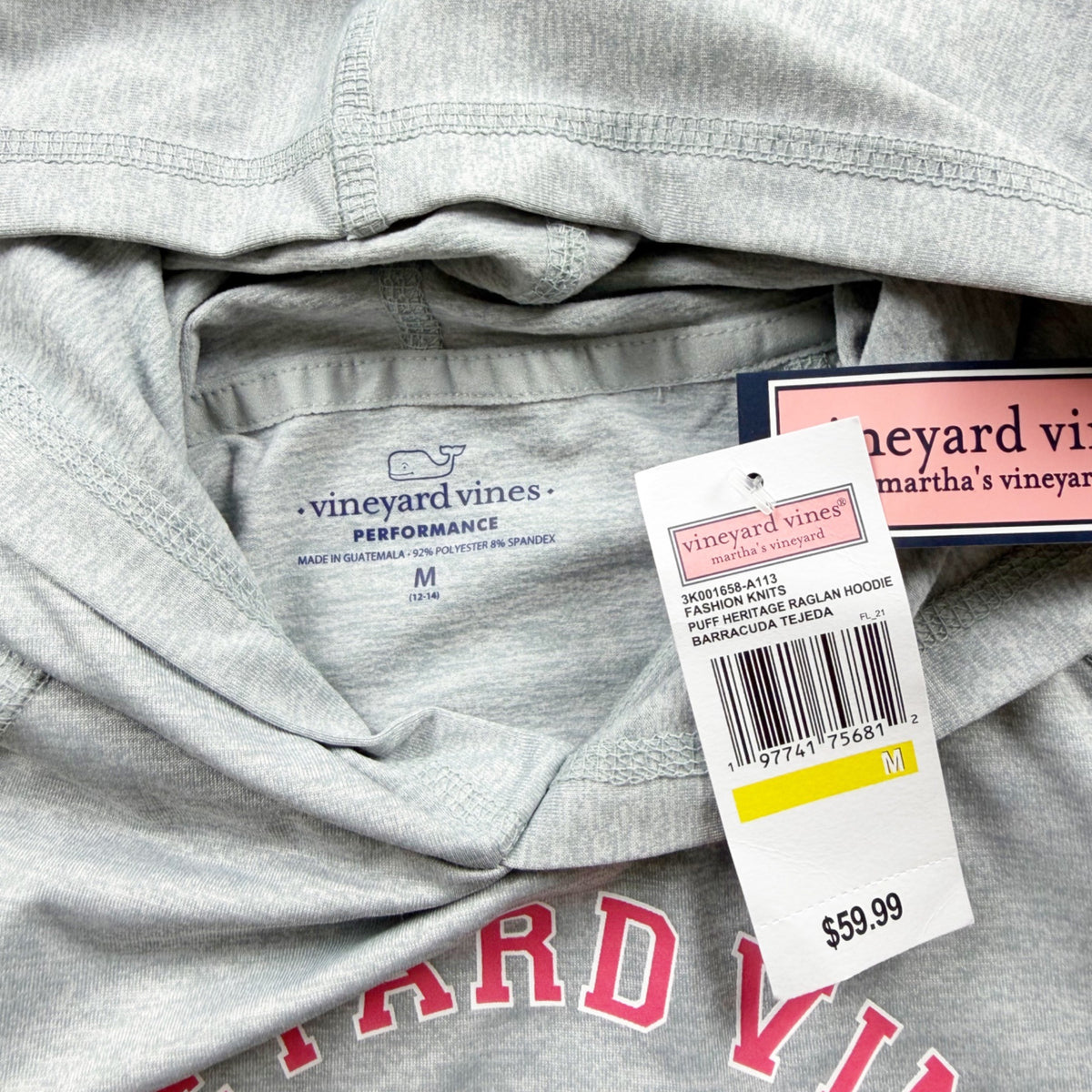 Vineyard Vines Heritage Raglan Hoodie Gray Performance 98 Graphic NWT 12-14