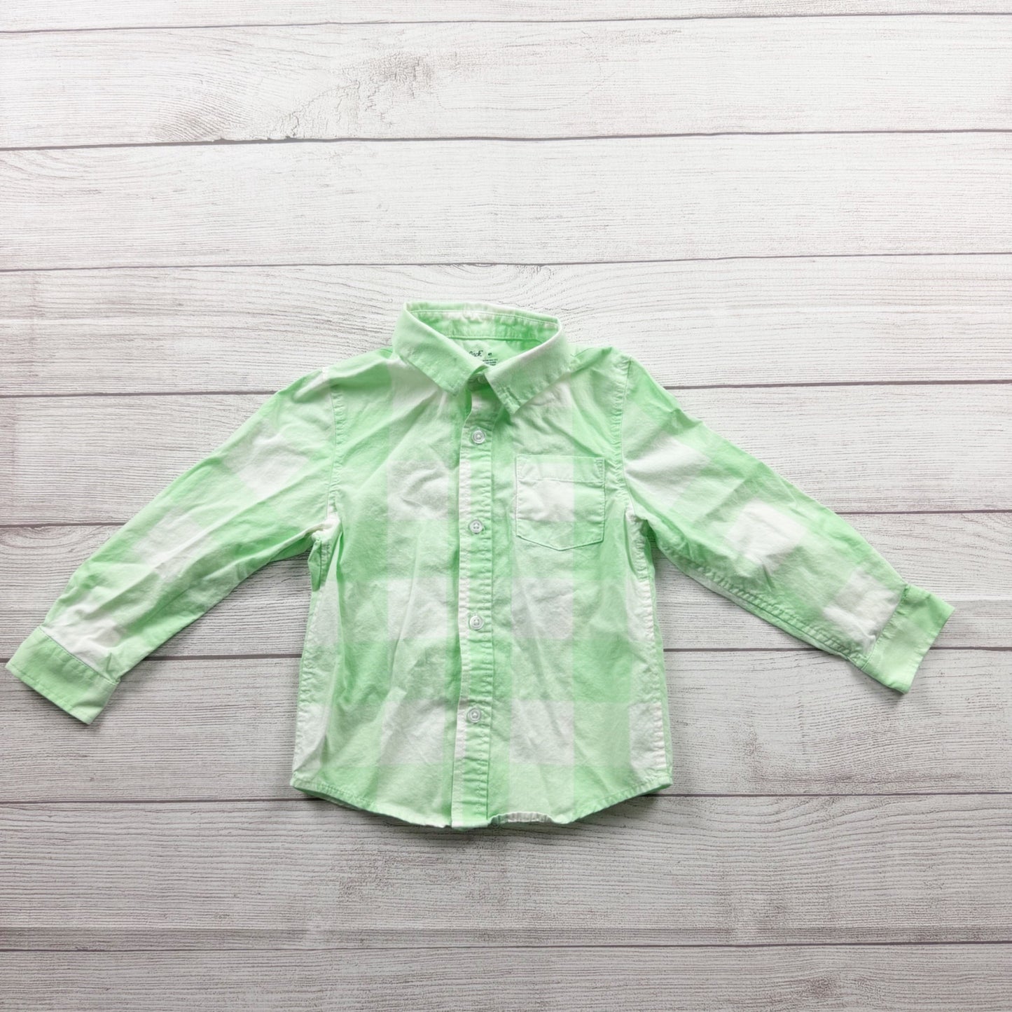Cat & Jack Green & White Plaid Long Sleeve Button-Up Shirt Boys 100% Cotton 4T