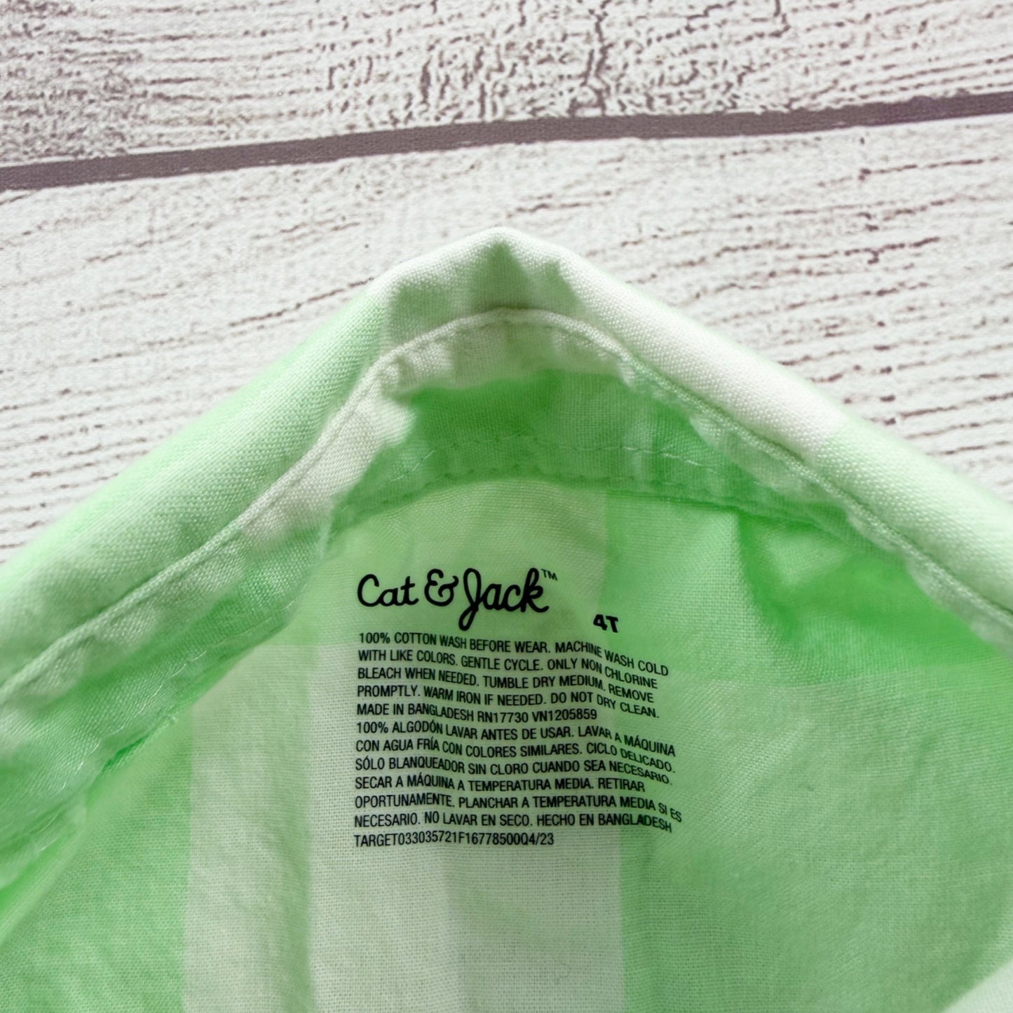 Cat & Jack Green & White Plaid Long Sleeve Button-Up Shirt Boys 100% Cotton 4T