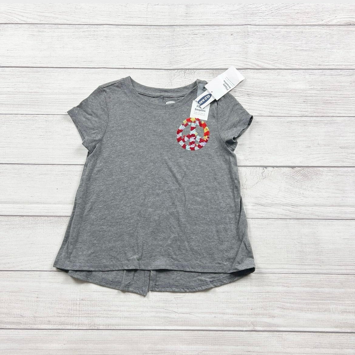 Old Navy Girls Gray Short Sleeve Tee Shirt Sequin Peace Sign NWT S 6-7