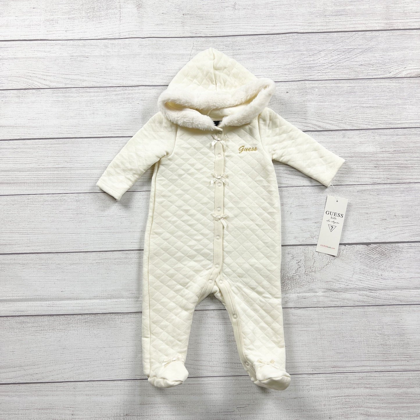 Guess Baby Girls Quilted Bunting Faux Fur Hood Footed Outfit NWT 3-6 Months