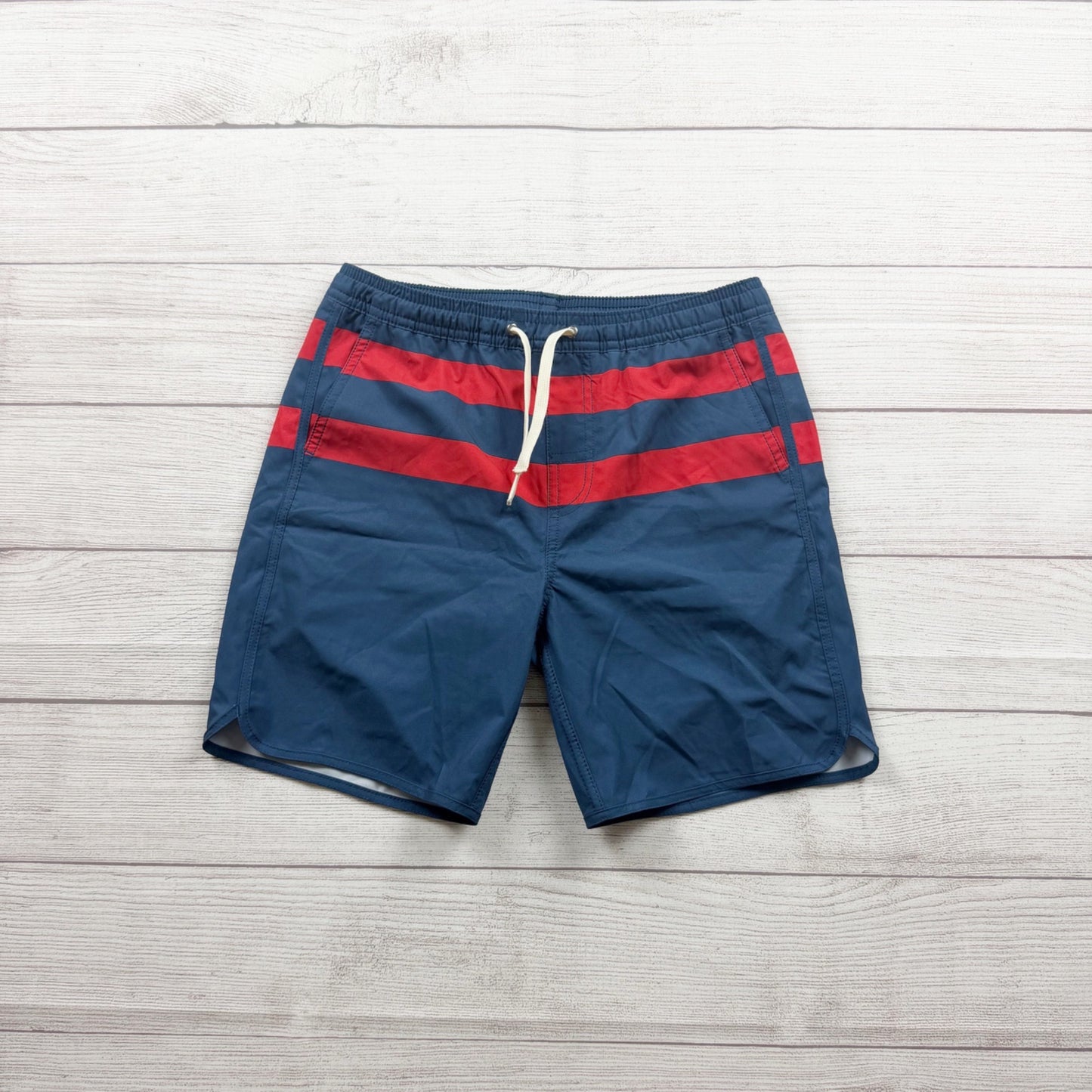 Fair Harbor Boys Swim Shorts Navy Red Stripes L
