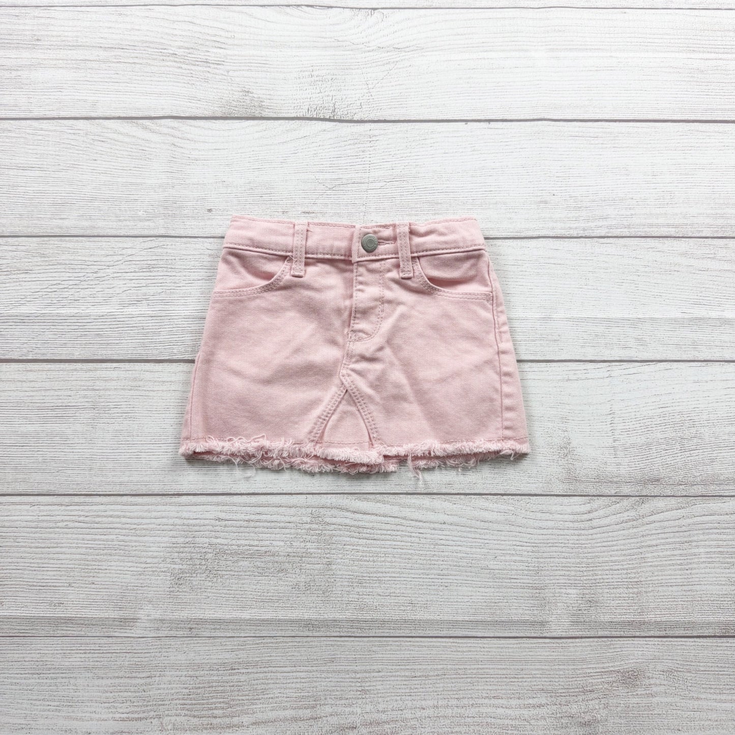 Old Navy Pink Denim Skirt Baby Girl Frayed Hem Jean Skirt 12-18 Months