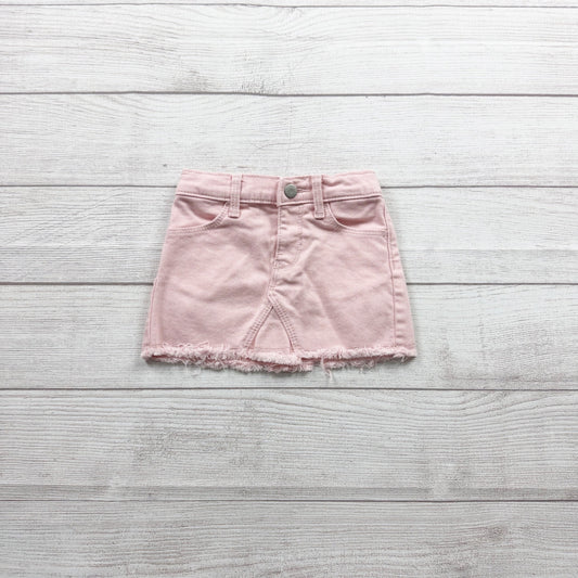 Old Navy Pink Denim Skirt Baby Girl Frayed Hem Jean Skirt 12-18 Months