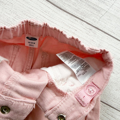 Old Navy Pink Denim Skirt Baby Girl Frayed Hem Jean Skirt 12-18 Months