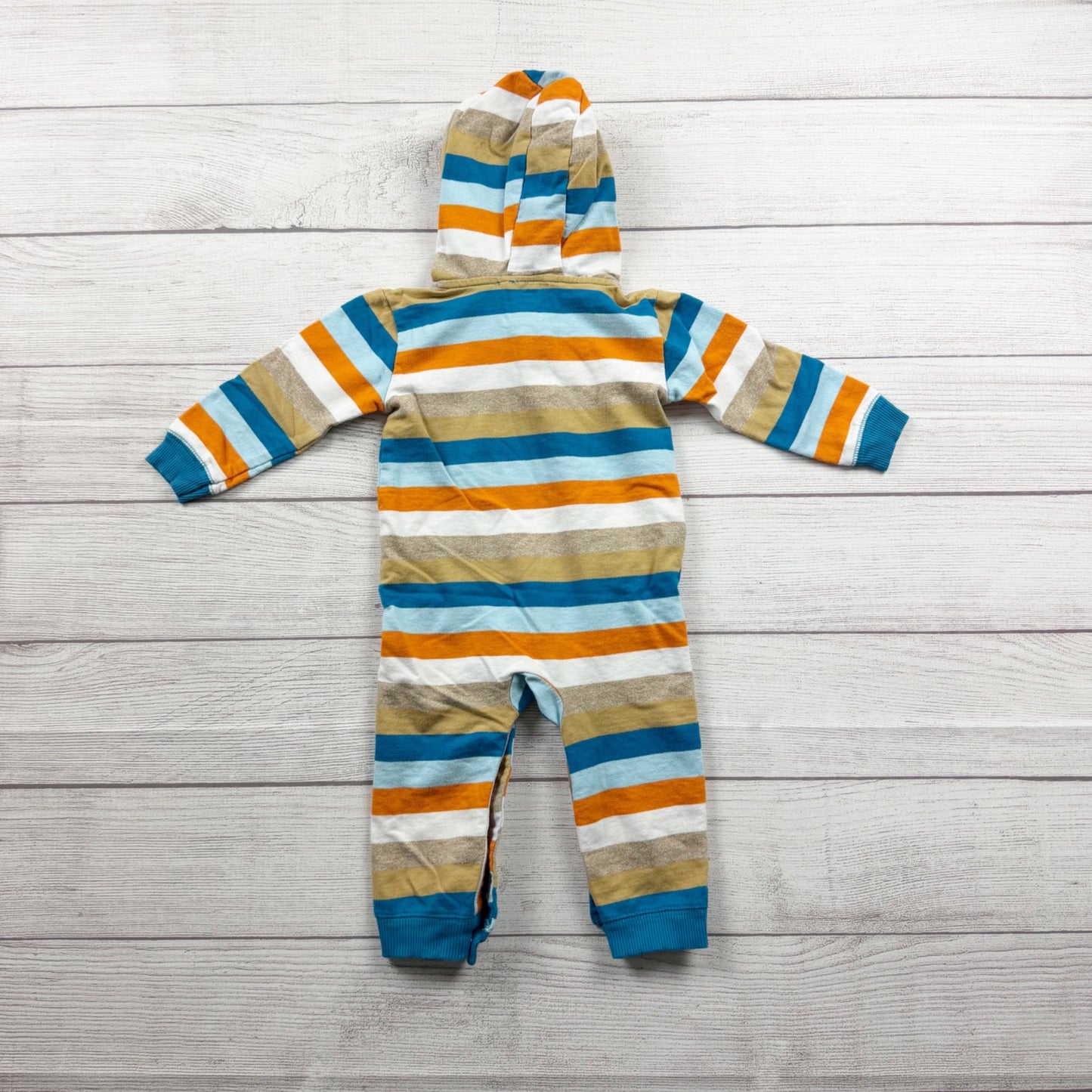 Babies R Us Baby Hooded Romper Striped Embroiderer Animals 12 Months