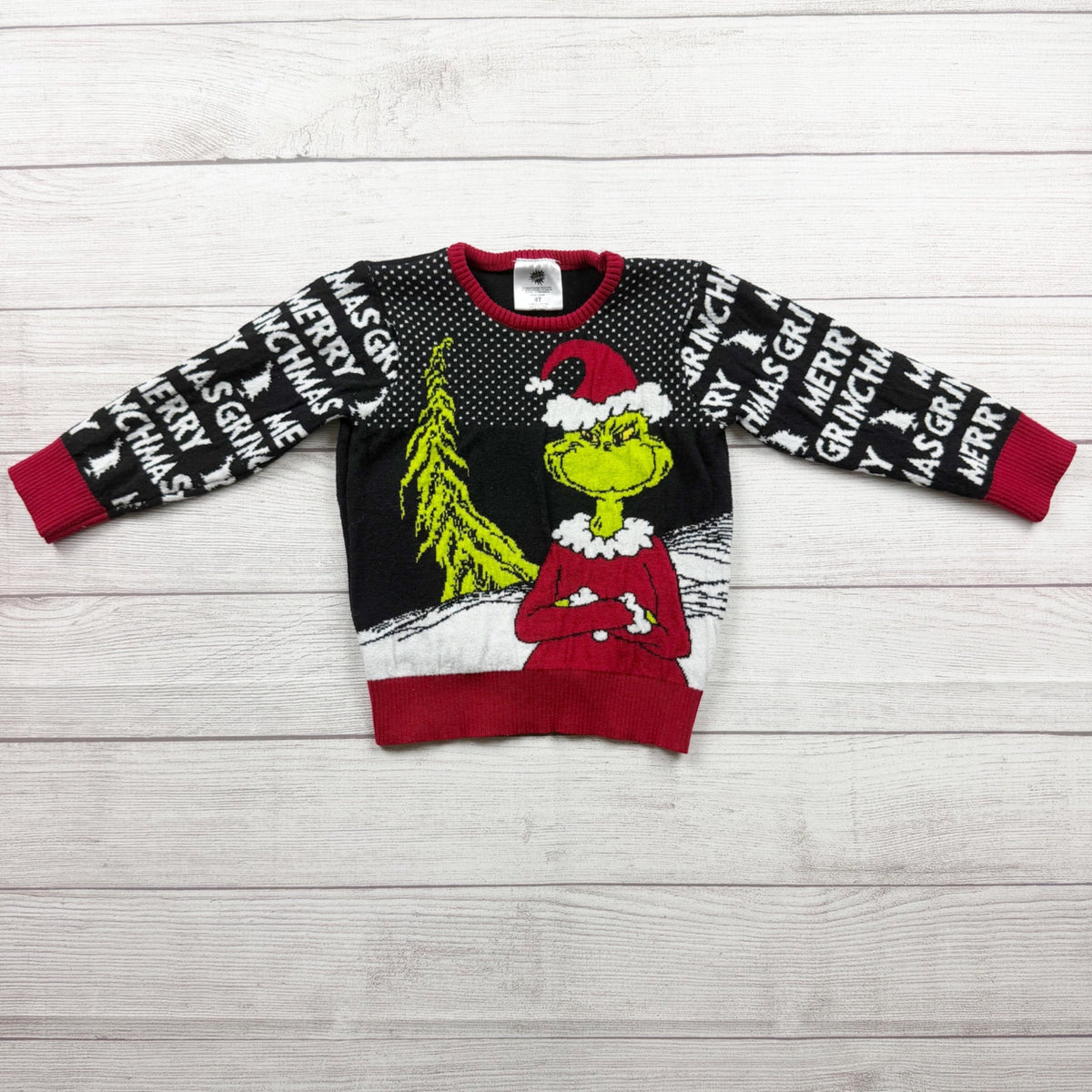 Dr Seuss The Grinch Kids Christmas Sweater Merry Grinchmas Text Sleeves 4T