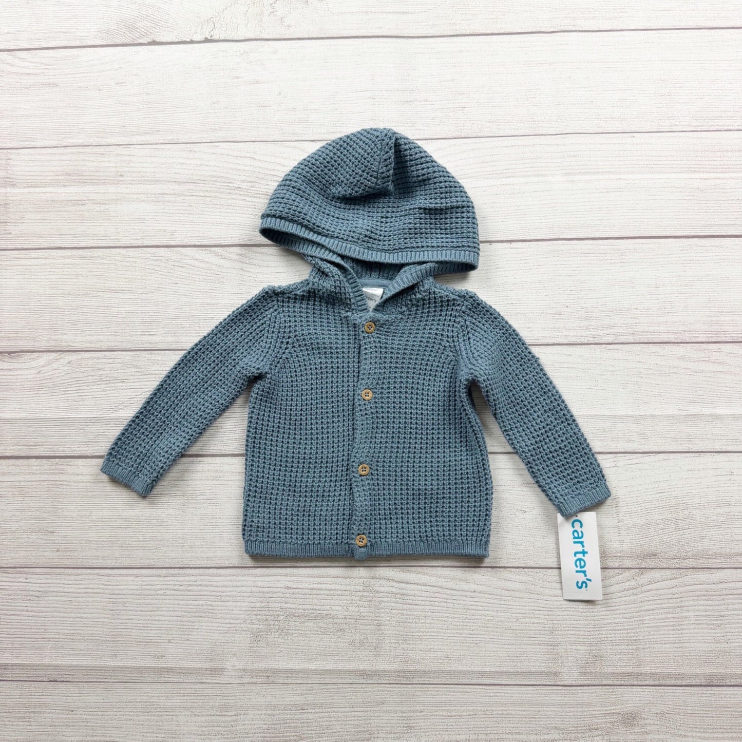 Carter's Baby Blue Hooded Button Up Waffle Knit Cardigan Sweater NWT 3-6 Months