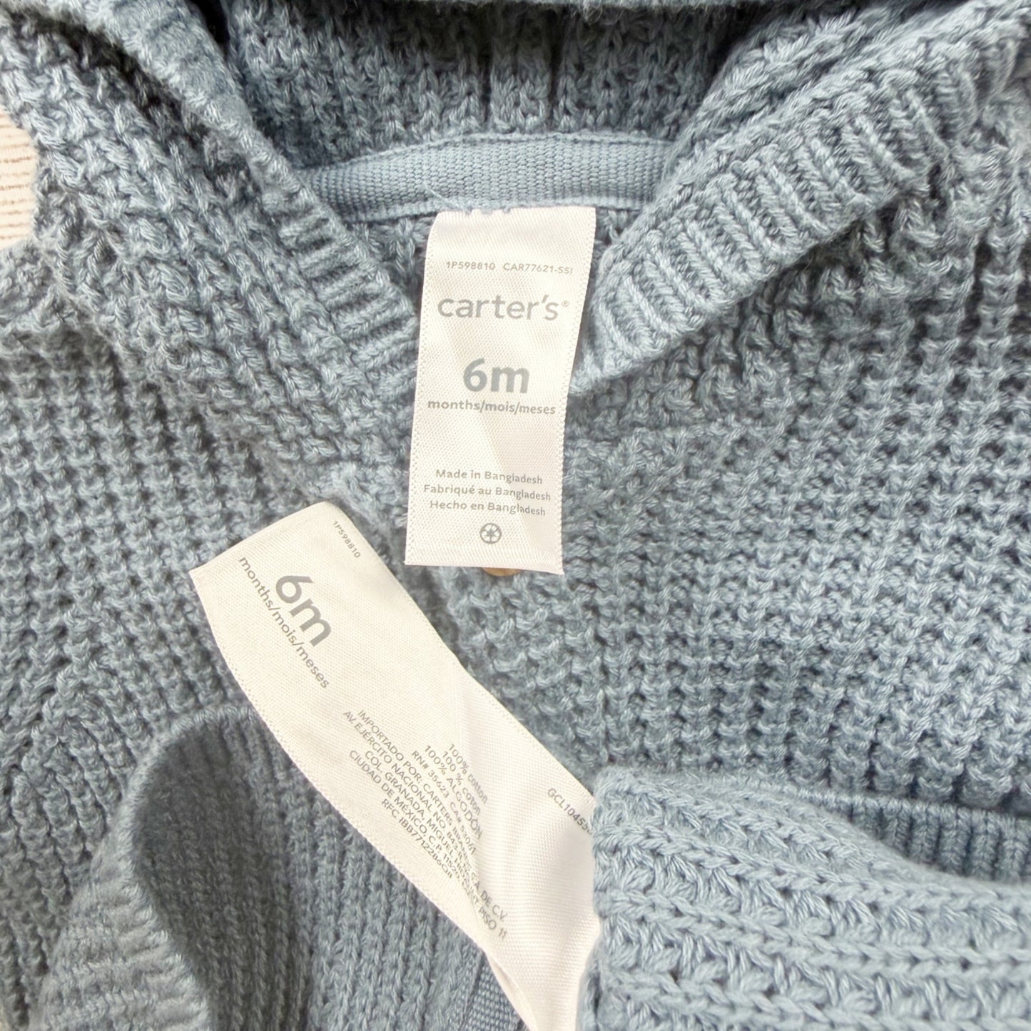 Carter's Baby Blue Hooded Button Up Waffle Knit Cardigan Sweater NWT 3-6 Months