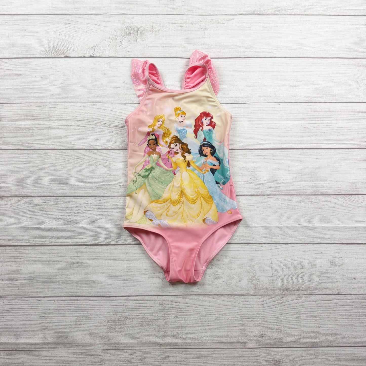 H&M Disney Princess Pink Girls Swimsuit Ruffle Back Glitter Accents 6X-7