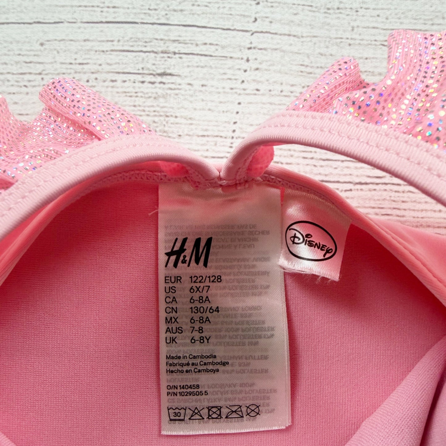 H&M Disney Princess Pink Girls Swimsuit Ruffle Back Glitter Accents 6X-7