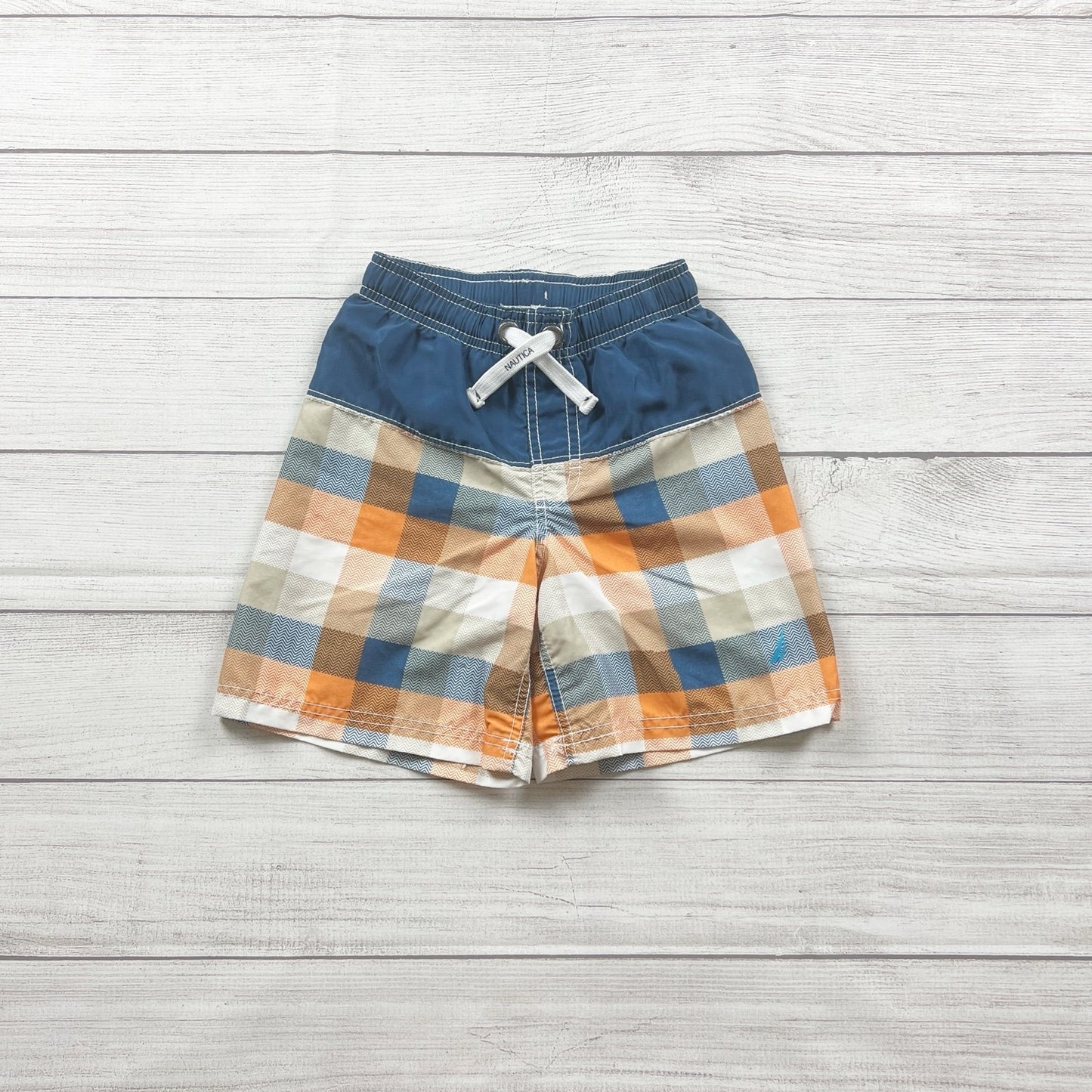 Nautica Toddler Boys Plaid Swim Trunks Blue Orange Checkered Board Shorts 4