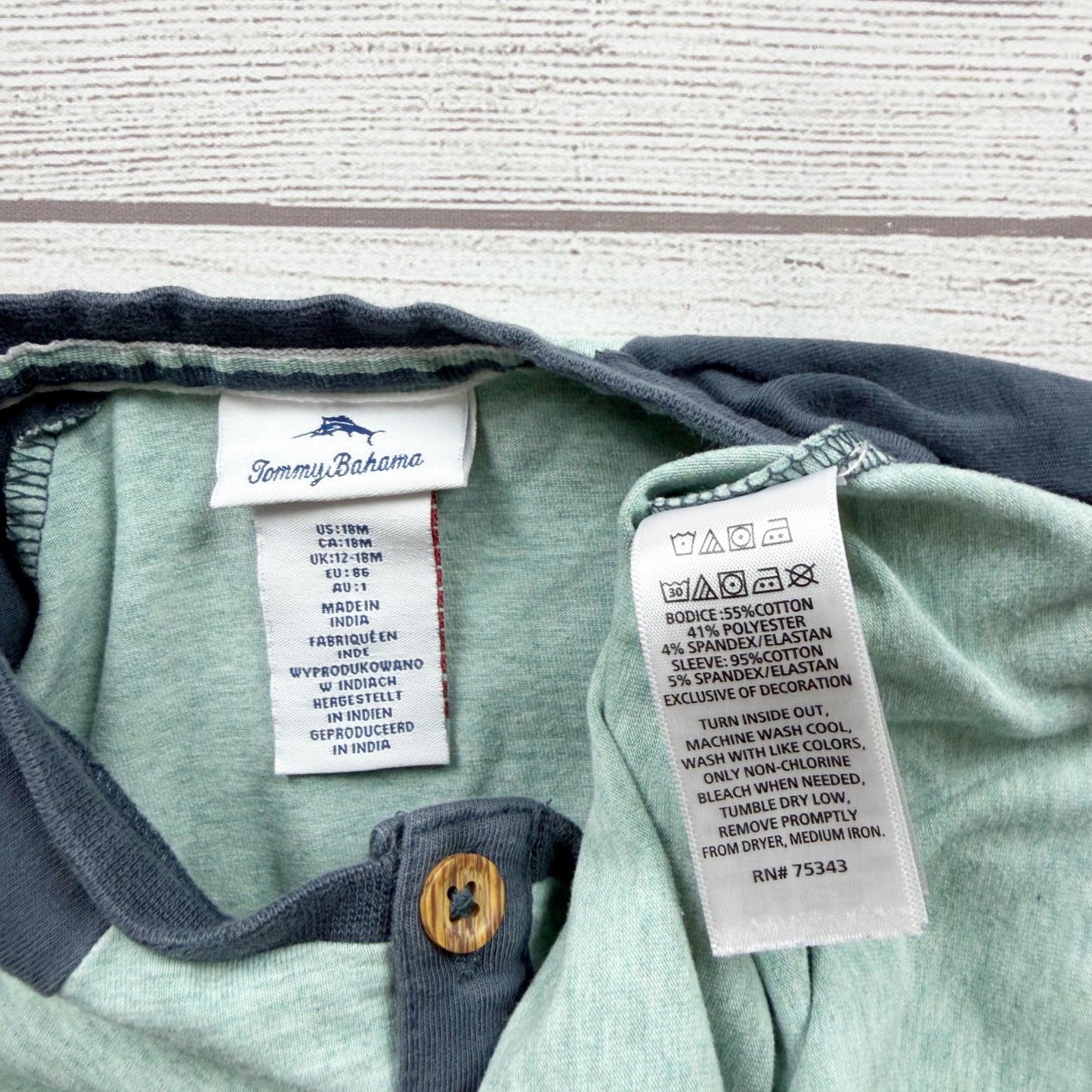 Tommy Bahama Boys Raglan Sleeve Henley Shirt Blue Green 12-18 Months