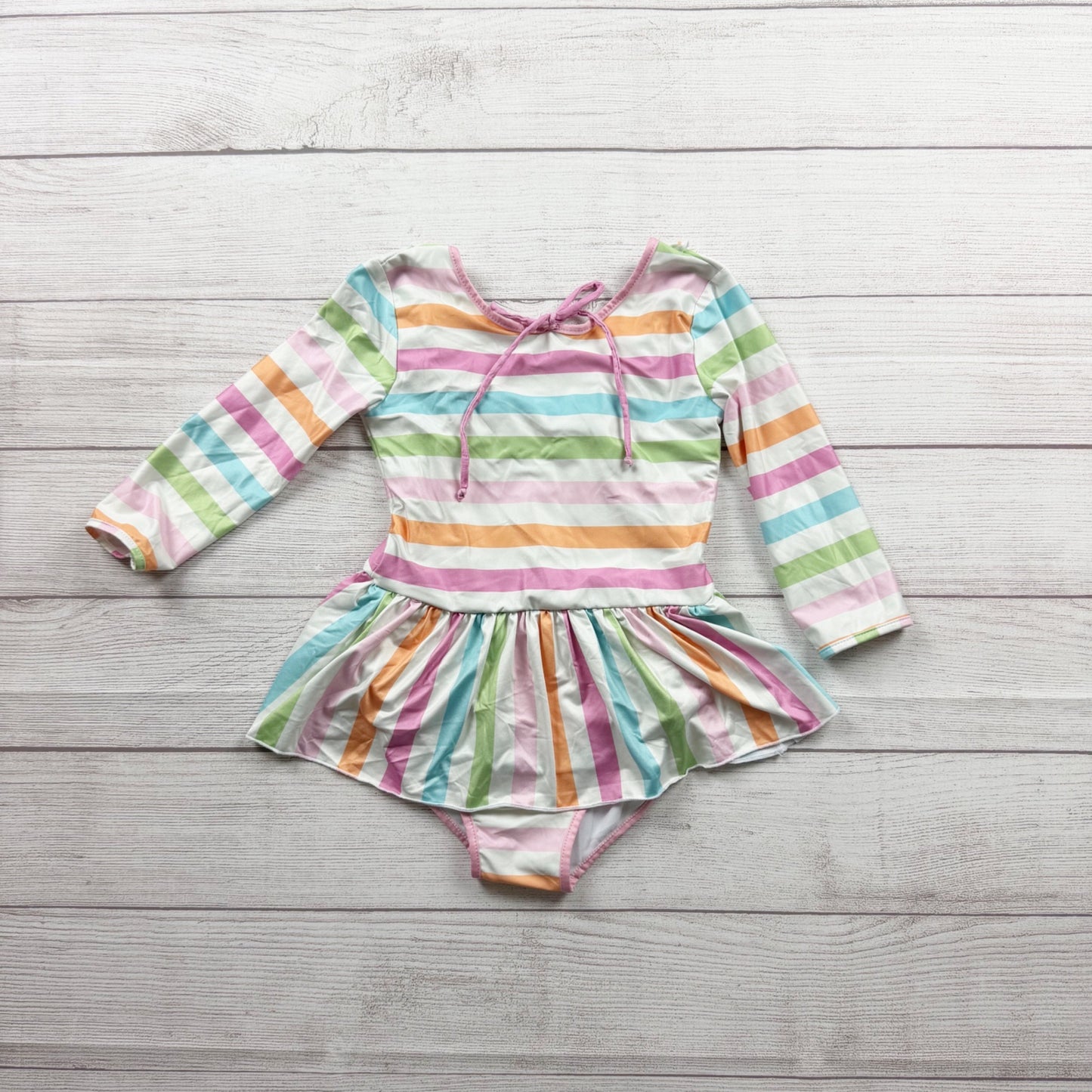 SweetHoney Multicolor Striped Long Sleeve Girls Skirted Swimsuit 6