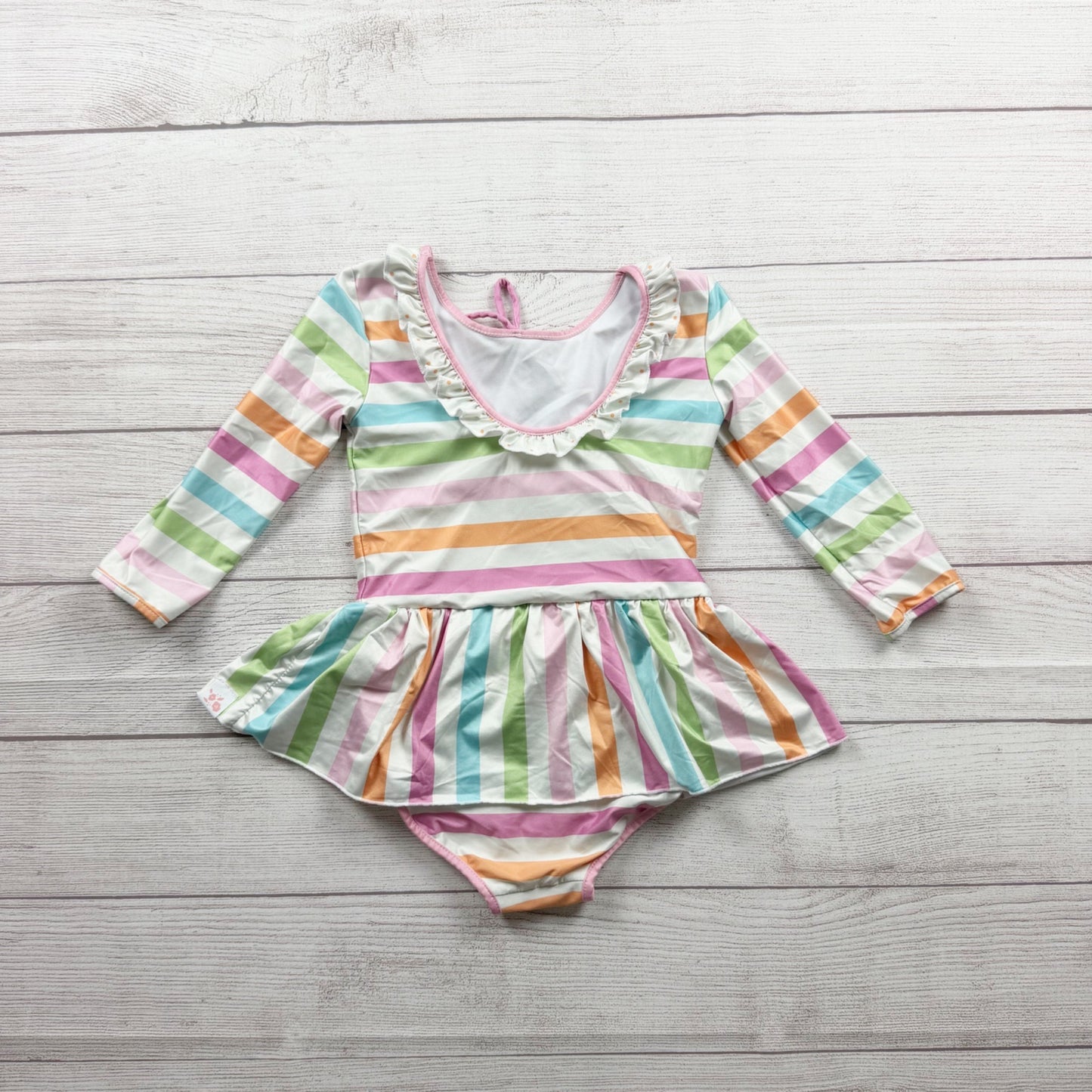 SweetHoney Multicolor Striped Long Sleeve Girls Skirted Swimsuit 6
