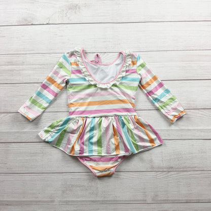 SweetHoney Multicolor Striped Long Sleeve Girls Skirted Swimsuit 6