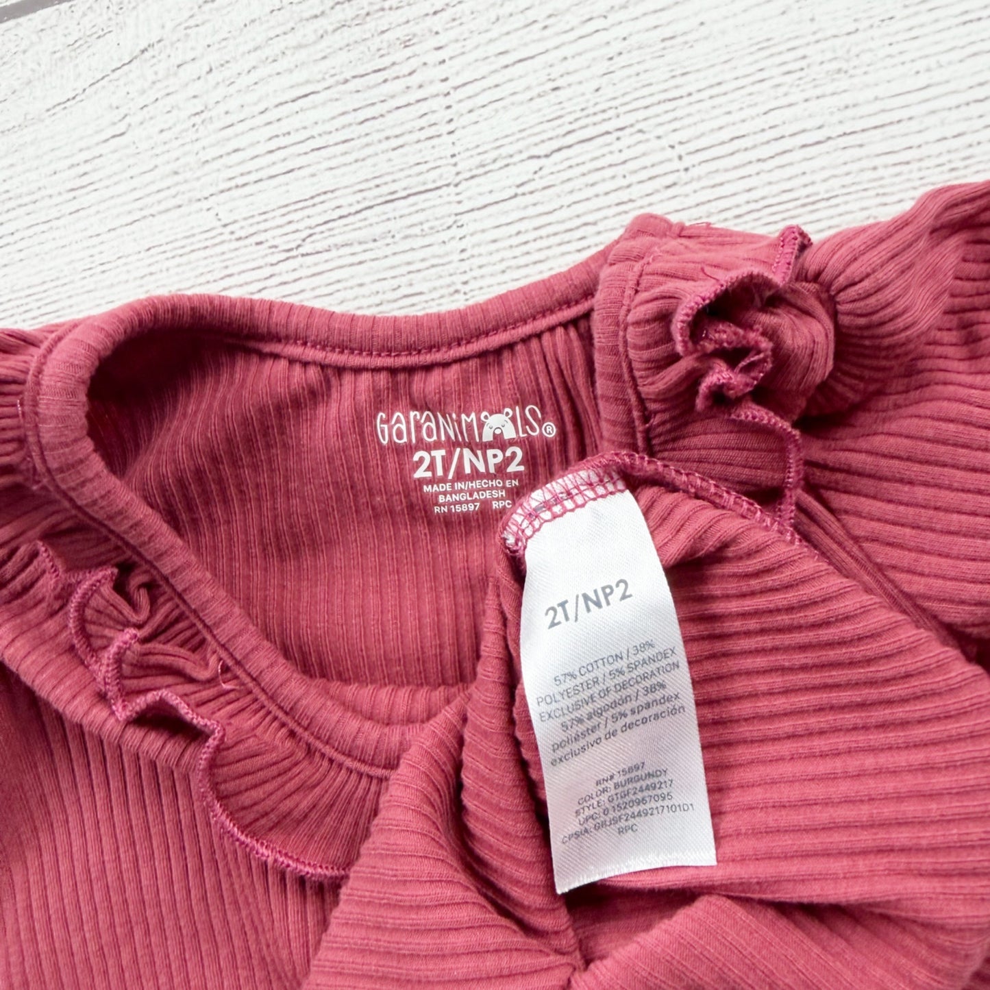 Garanimals Toddler Girls Rose Pink Ruffled Ribbed Long Sleeve Top 2T