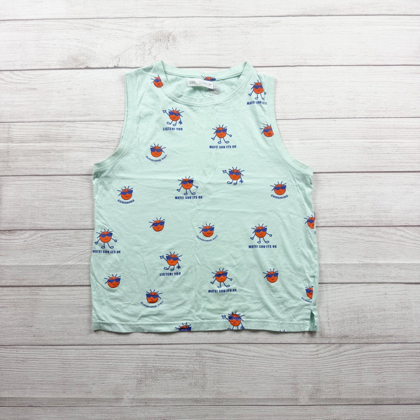 Zara Kids Graphic Mint Tank Top Sun Print Design 11-12