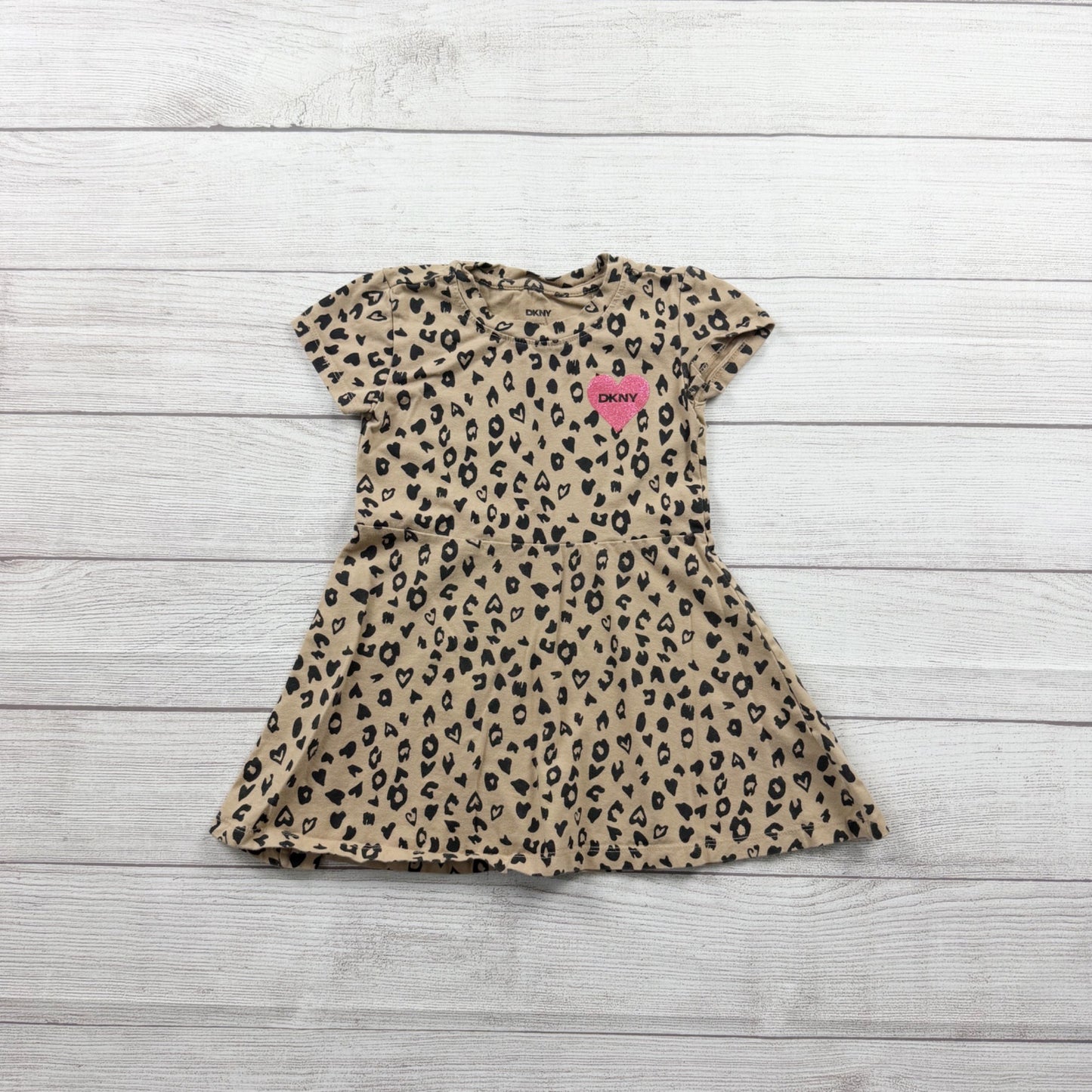 DKNY Girls Dress Tan Leopard Heart Print Pink Heart Logo Short Sleeve 4T