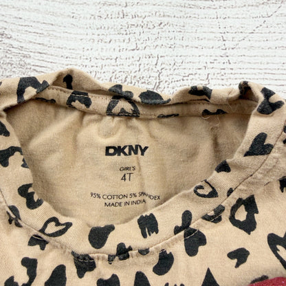 DKNY Girls Dress Tan Leopard Heart Print Pink Heart Logo Short Sleeve 4T