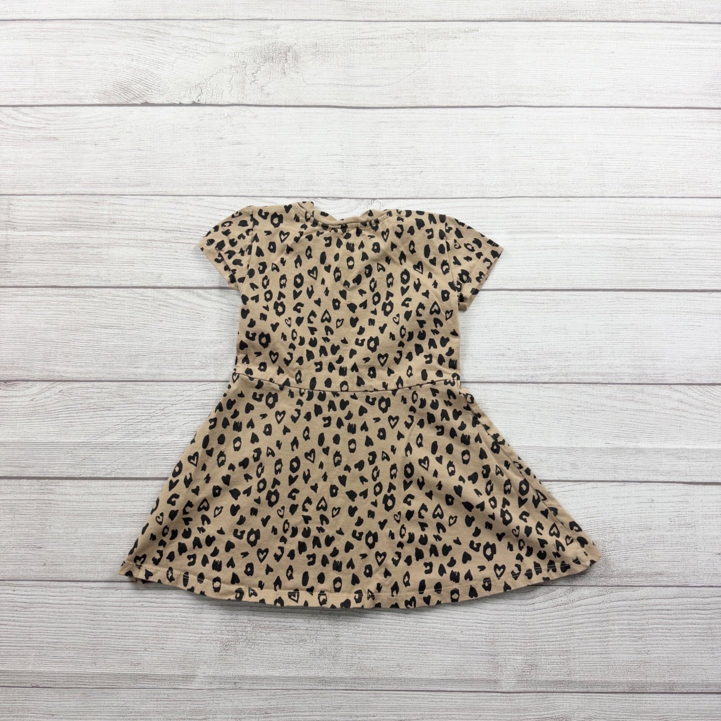 DKNY Girls Dress Tan Leopard Heart Print Pink Heart Logo Short Sleeve 4T