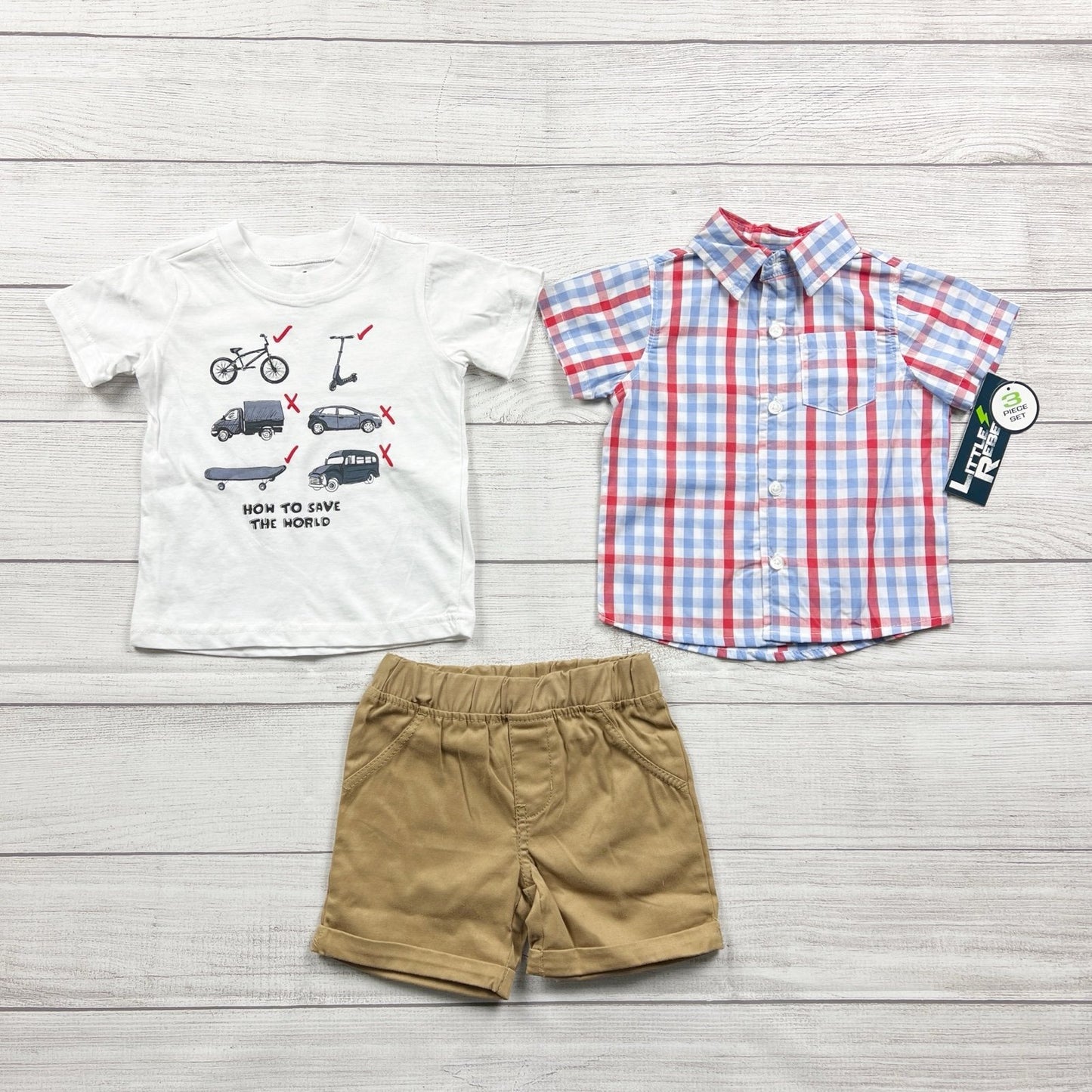 Little Rebels Boys 3 Piece Outfit Set Graphic Tee Plaid Shirt NWT 9-12 Months