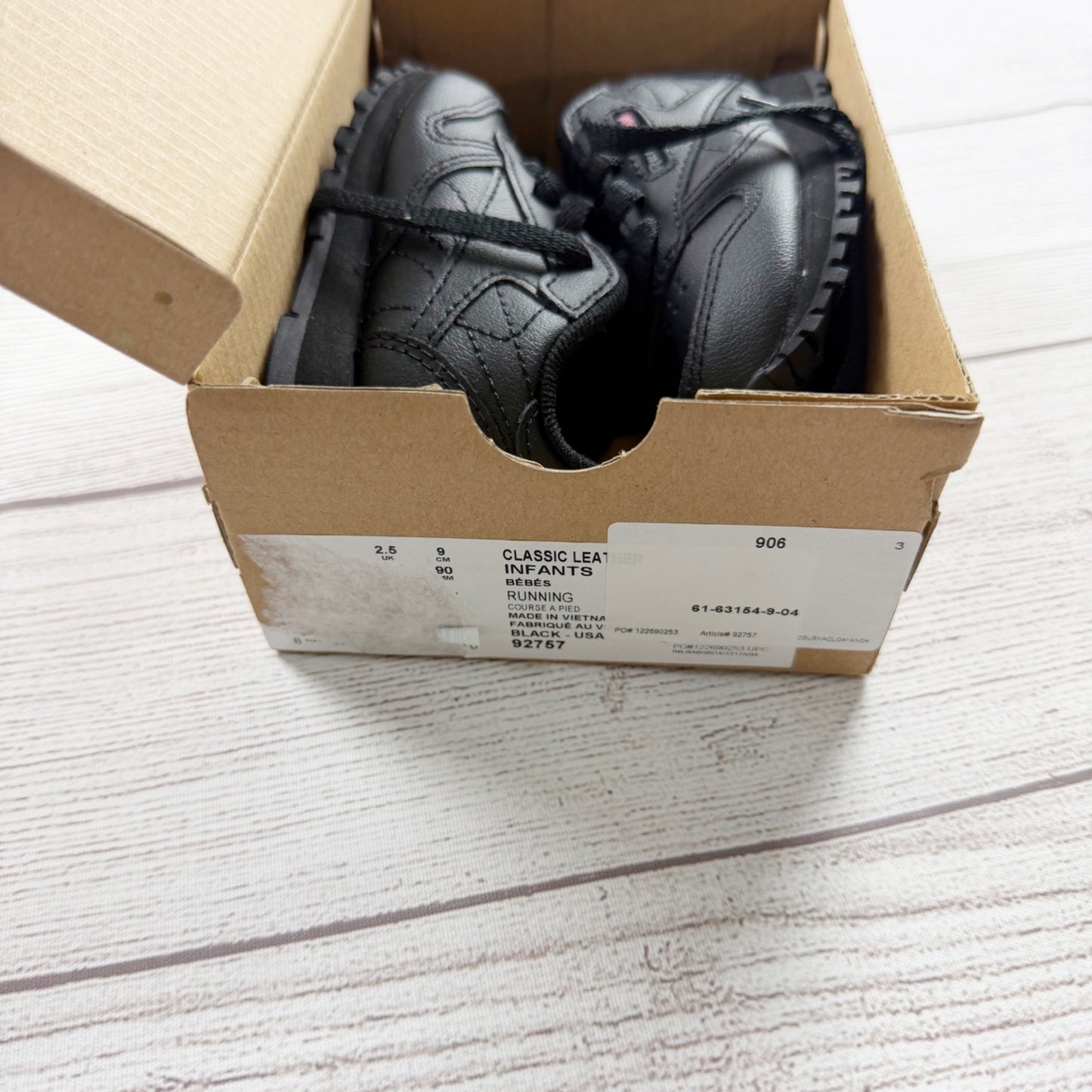 Reebok Classic Leather Infant Shoes Black Lace-Up Sneakers In Box Size 3