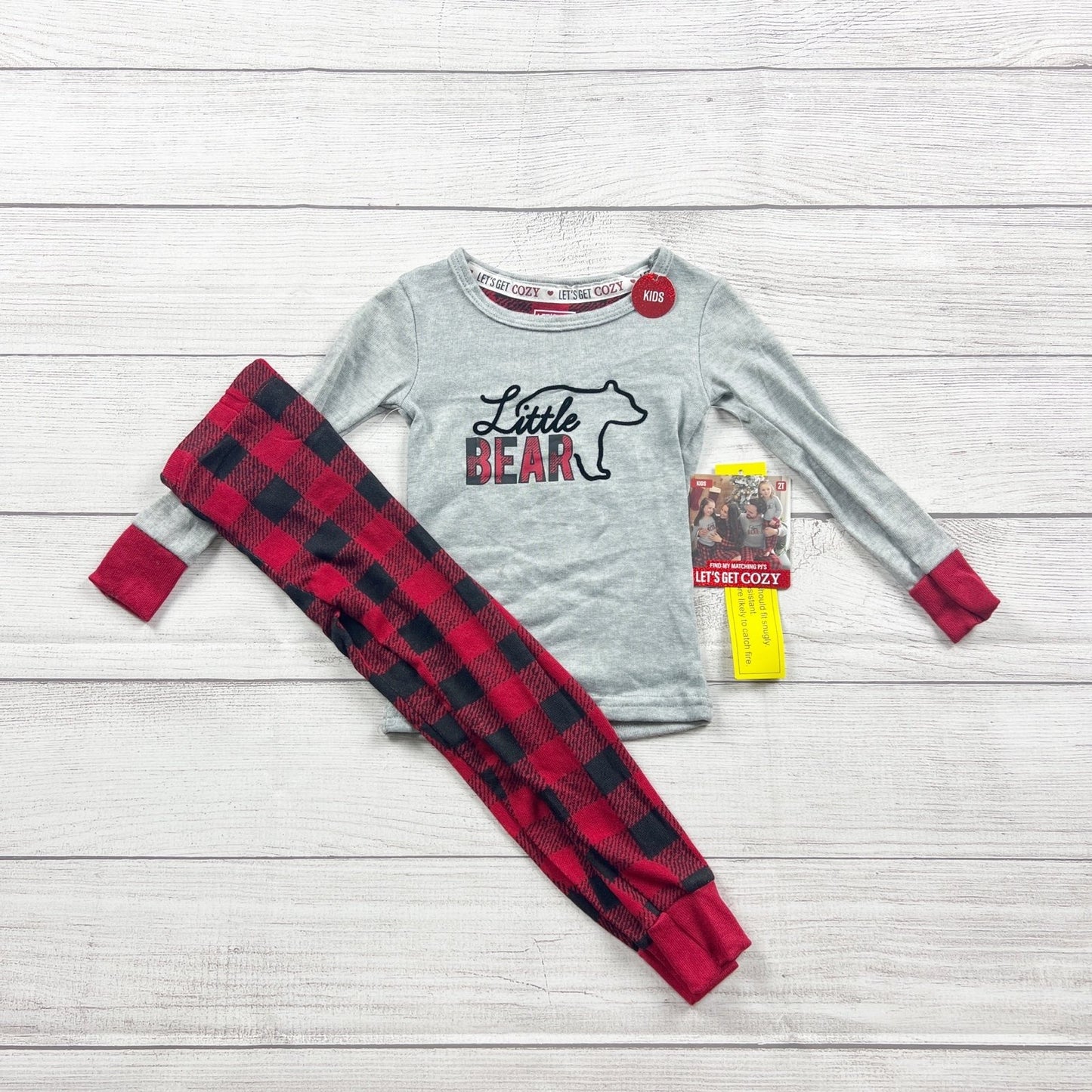 Lets Get Cozy Kids Little Bear Pajama Set Red Buffalo Plaid Sleepwear NWT 2T