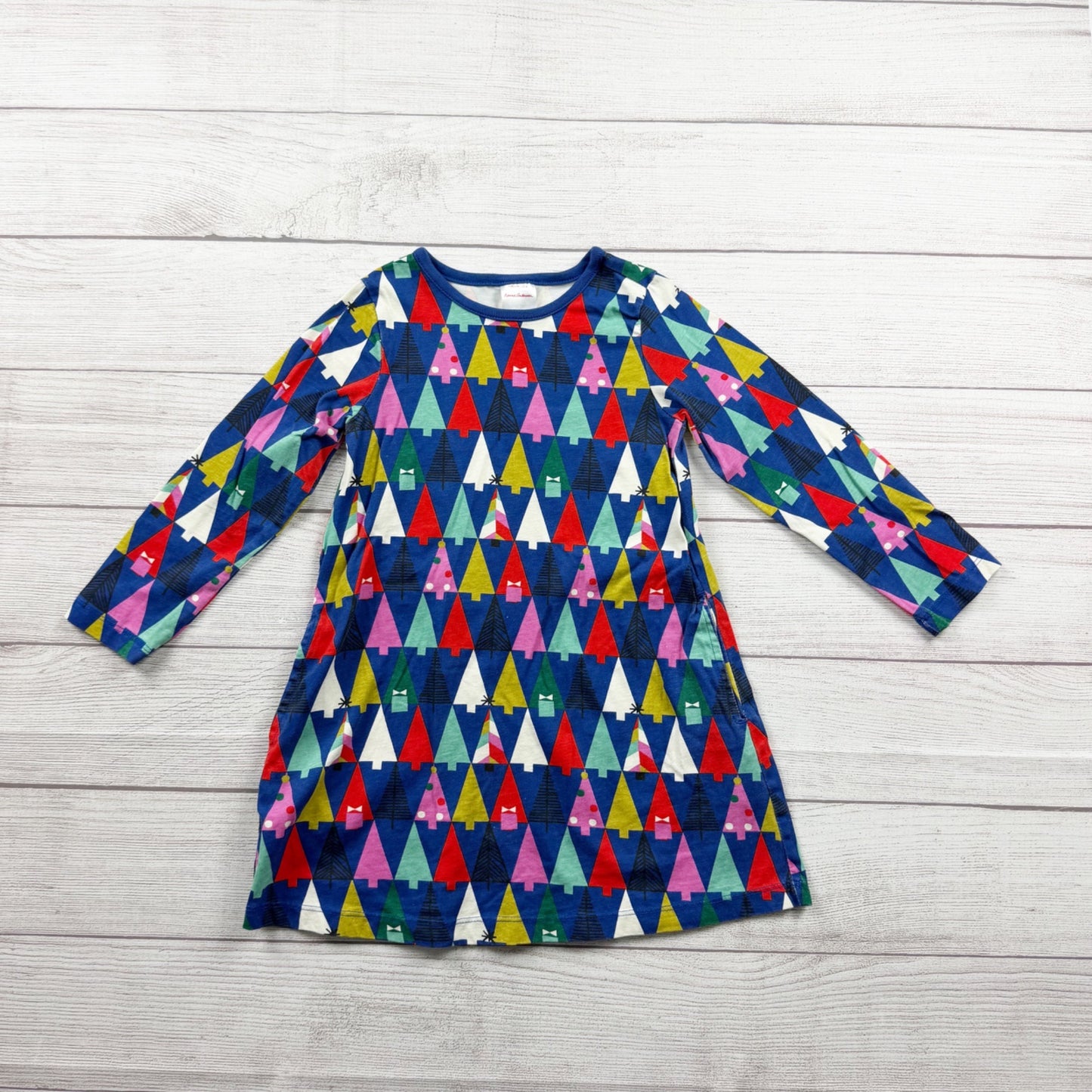 Hanna Andersson Girls Dress Long Sleeve Knit Colorful Tree Print Holiday Dress 4