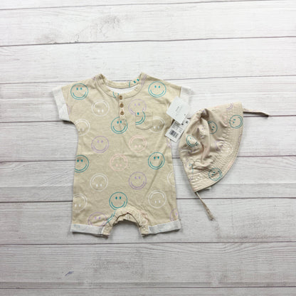 Grayson Mini Baby Romper Hat Smiley Face Print Beige Set Outfit NWT 3-6 Months
