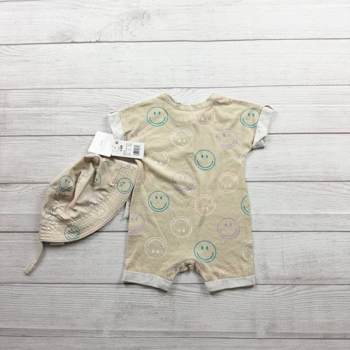 Grayson Mini Baby Romper Hat Smiley Face Print Beige Set Outfit NWT 3-6 Months