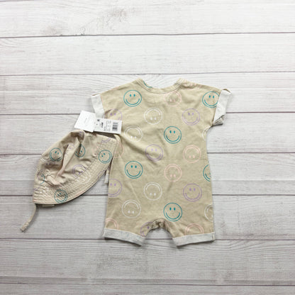 Grayson Mini Baby Romper Hat Smiley Face Print Beige Set Outfit NWT 3-6 Months